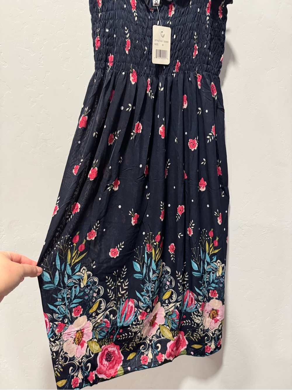 Navy Floral Smocked Sundress with Pink Accent Flowers size medium - Picture 5 of 6